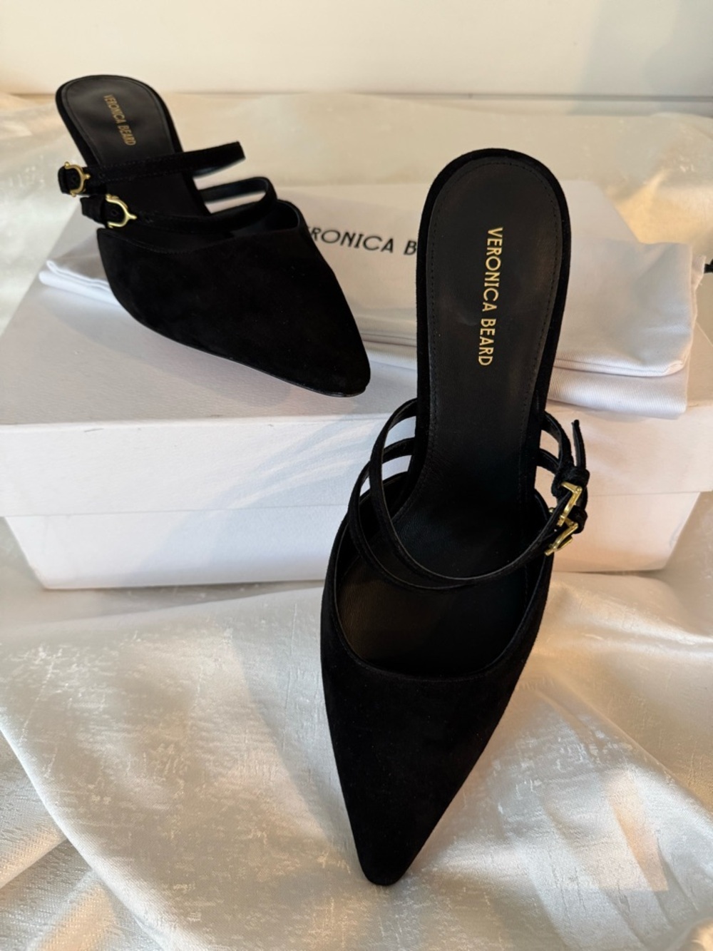 Veronica Beard Corrie Black Suede Strappy Mule Kitten Heels - Picture 9 of 15